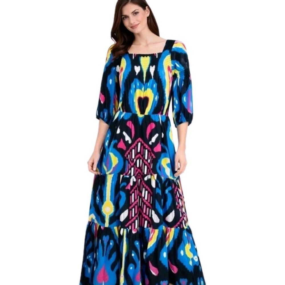 Sheridan French Isabel Maxi Dress Small Heart Ikat Smocked Tiered Cotton